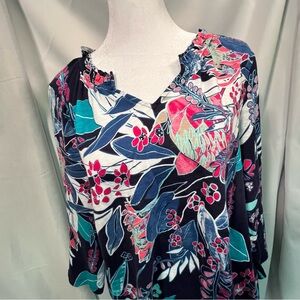 Chicos Blue Floral Print Women's Top 3/4 Sleeve Vacation Tropical Size 2 (12/14)